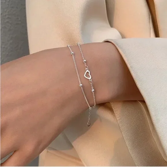 925 Sterling Silver Double Layer Bracelet Heart For Women Sweet Chain St… - Picture 2 of 6